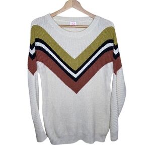 Wanna B | Cream Rust Mustard Olive Black V Knit Chunky Sweater Size Medium
